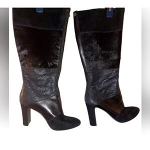 Anne Klein Black Knee-High Women's Boots Y2K Vintage, Real Calf Fur.